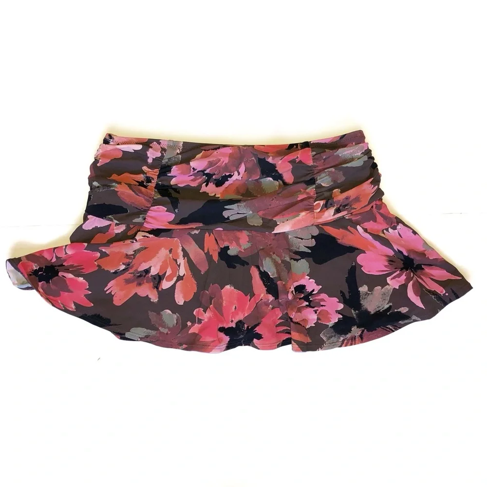 Lands End Swim Coral Pink Tankini and Brown Floral Swim Skirt 4P 4 Petite
